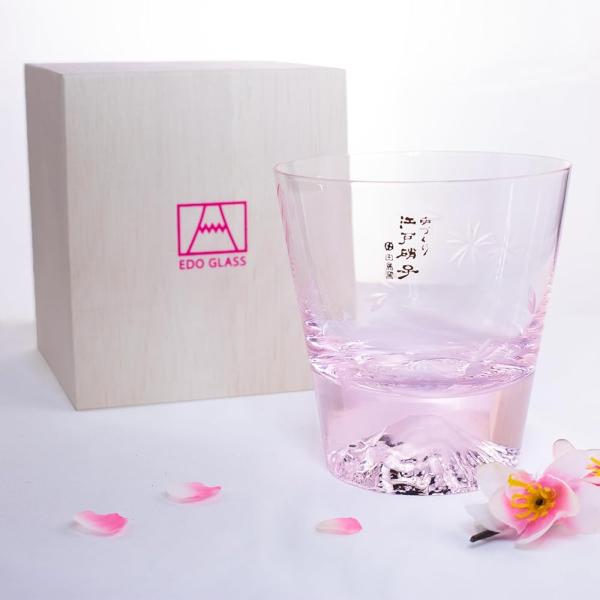 【送料無料】 田島硝子日本製手つくり富士山ロックグラス 桜色 桜切子グラスバレンタイン結婚祝い プレ...