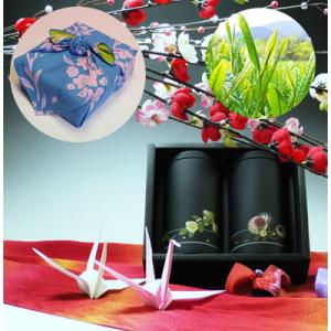 【三重の安心食材（減農薬等）認定】伊勢玉露・高級煎茶100g×2黒缶入京の両面おもてなし桜（白群）柄...