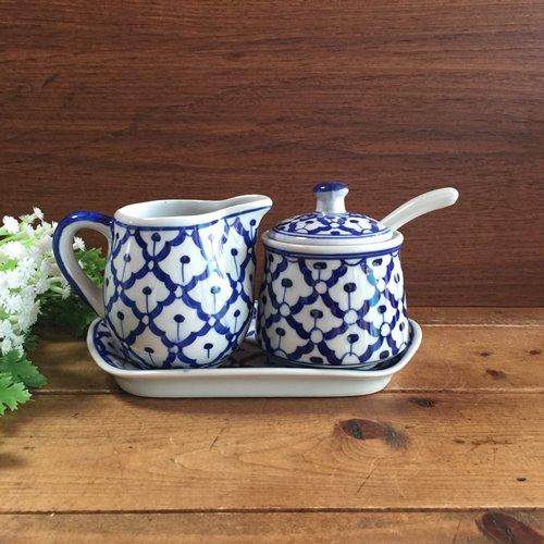 【青白陶器 シュガー＆ミルク セットB】  青白陶器 青白食器 パイナップル柄 陶器　タイ料理 アジ...