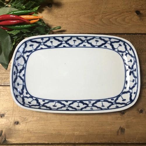 【長方形角丸型 平皿 19.5cm 】 長方形皿　お皿 青白食器 盛り皿 陶器　小皿 タイ料理 アジ...