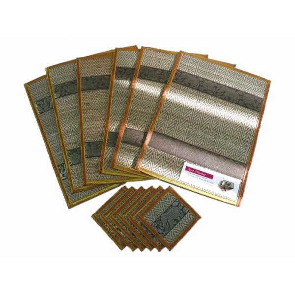 ランチョンマット【茶】象 6枚組 コースター付[1セット]　タイ雑貨　タイ料理　テーブルウェア　ラン...