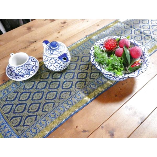 【テーブルランナー】3m（A)ブルー 　 タイ雑貨　タイ料理　テーブルウェア　テーブルランナー　シル...