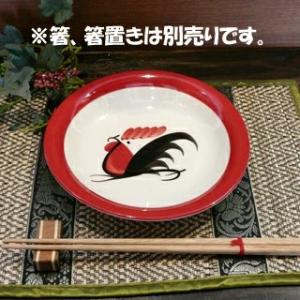 【にわとり食器 赤フチ　18.5cm】 にわとり柄食器・タイ北部・ランパーン食器・タイ料理・タイ雑貨
