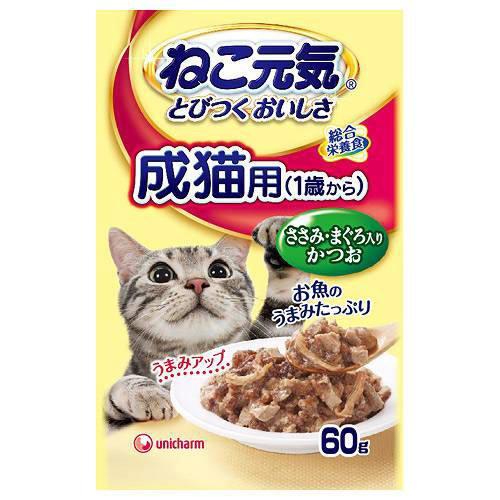 ねこ元気　総合栄養食　パウチ　成猫用（１歳から）ささみ・まぐろ入りかつお　６０ｇ×１２袋