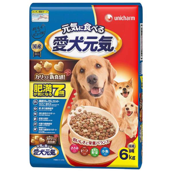 ドッグフード　愛犬元気　肥満が気になる７歳以上用　ささみ・ビーフ・緑黄色野菜・小魚入り　６．０ｋｇ　...