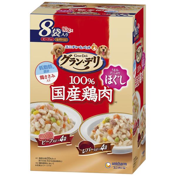 グラン・デリ　国産鶏ささみ　パウチ　ほぐし　成犬用　ビーフ入り＆レバー入り　８０ｇ×８袋パック×１０