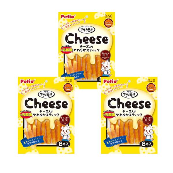ペティオ　ササミ巻き　チーズ＋乳酸菌入りやわらかスティック　８本入×３