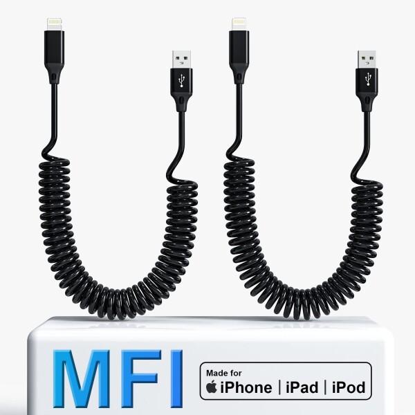 ライトニングケーブル カールコード、MFi認証 &amp; CarPlay対応 iPhone充電ケーブル 2...