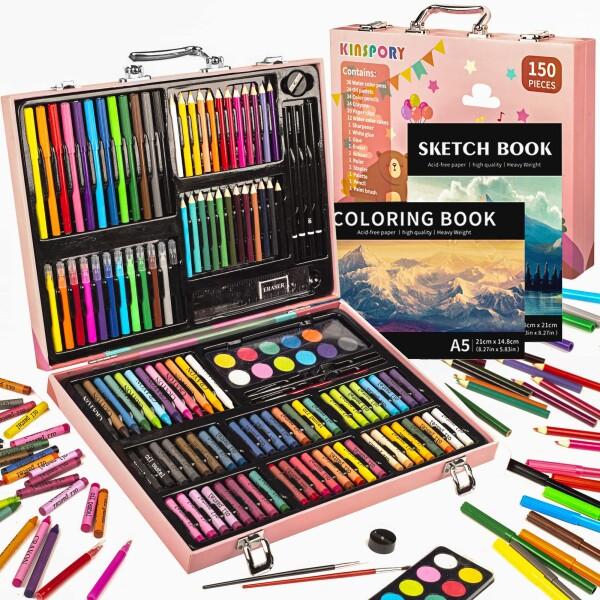 150PC Art Set, KINSPORY Coloring Art Kit, Wooden D...