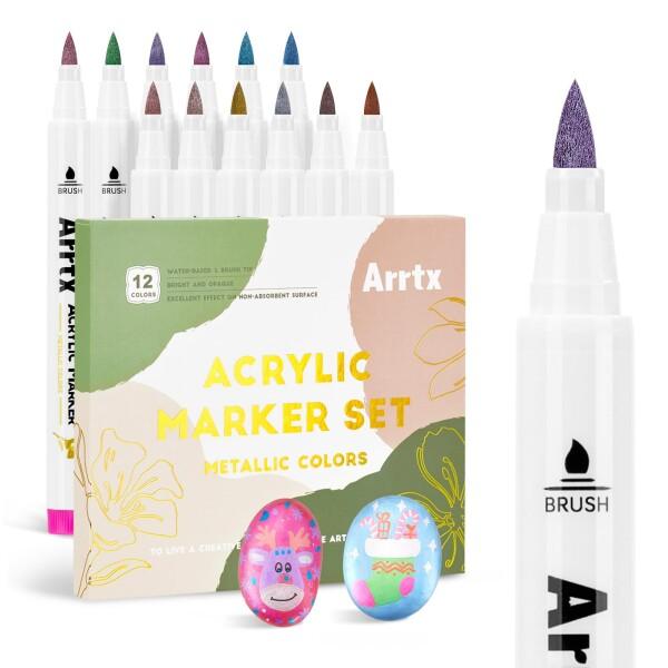 Arrtx 12 色メタリックアクリルペイントペン、極細先端メタリックブラシマーカー、岩絵、