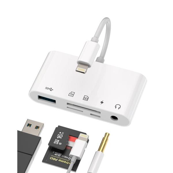 Lightning USB3.0 3.5mm イヤホン Micro SD SDカードリーダー アダプ...
