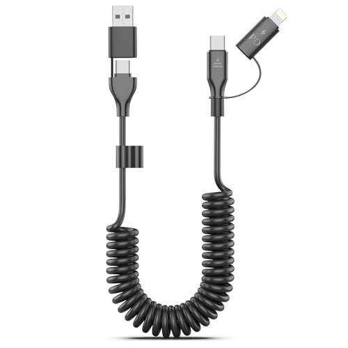 4in1 iPhone 充電ケーブル、 伸縮巻き取り式 USB Cケーブル 、Apple CarPl...