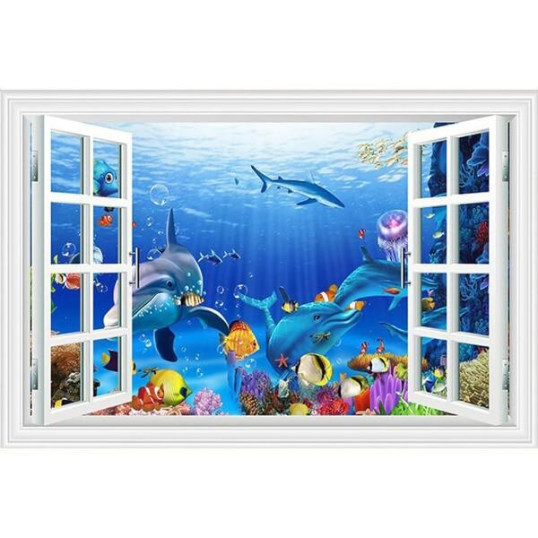 Mestiker 3Dウォールステッカー, イルカと熱帯魚の海中風景, 偽窓デザイン, 40×60c...