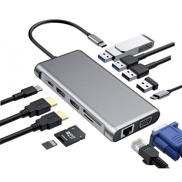12-in-1 USB C ドッキングステーション (デュアルHDMI/4K@60Hz/ギガビットL...