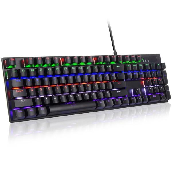 HUO JI ゲーミングキーボード 有線 赤軸 メカニカル 英語配列 静音 高速応答 テンキー付き ...