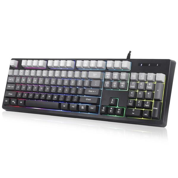 HUO JI ゲーミングキーボード 有線 英語配列 テンキー付き メカニカル風 レインボーLEDバッ...