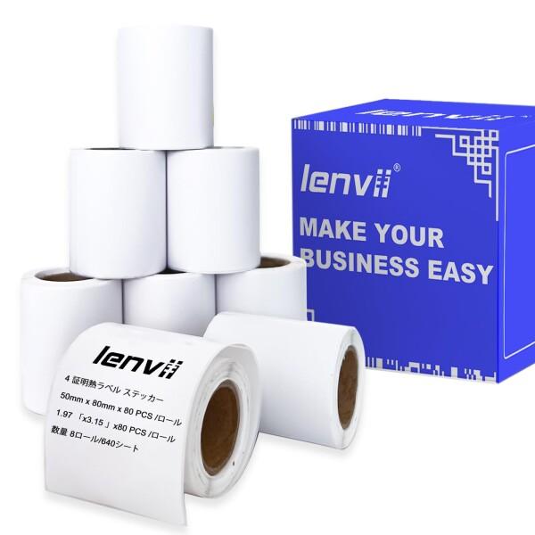 LENVII 50x80mm 感熱ラベル｜耐水・耐油・防破れ・高耐熱｜8巻セット（80枚/巻）｜黒文...