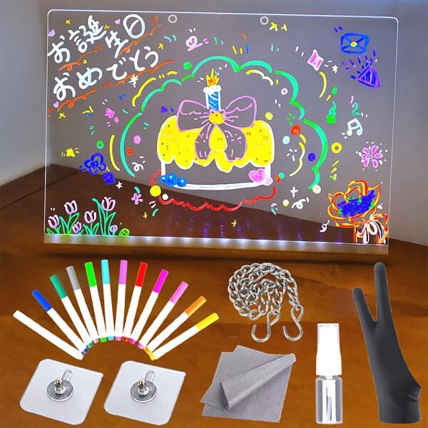 LED ノートボード DIYお絵描きボード 繰り返し書いて消せるボード 12本のペン&amp;スタンド付き ...