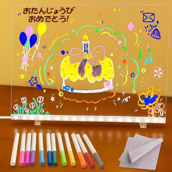 LED ノートボード DIYお絵描きボード 繰り返し書いて消せるボード 12本のペン&amp;スタンド付き ...