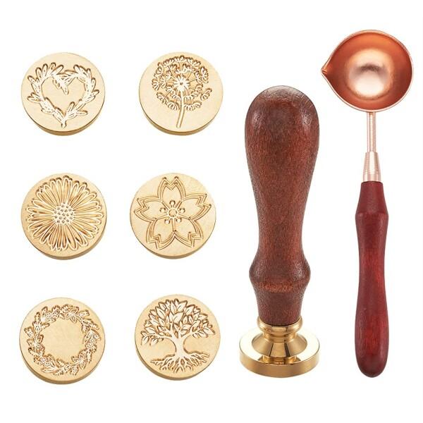 1セット 銅頭6本セット 花・植物パターン ゴールド 真鍮製シールワックススタンプ 木製