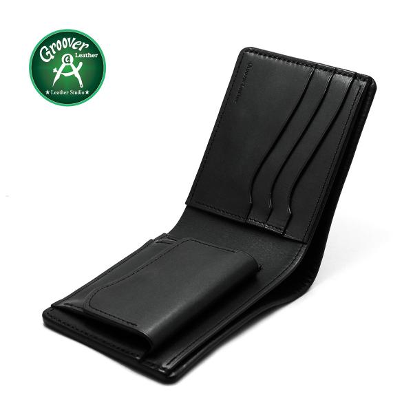 財布  二つ折り財布 独自の隠しステッチ製法 グルーバーレザー GFW-100-BLK 手縫い ウォ...