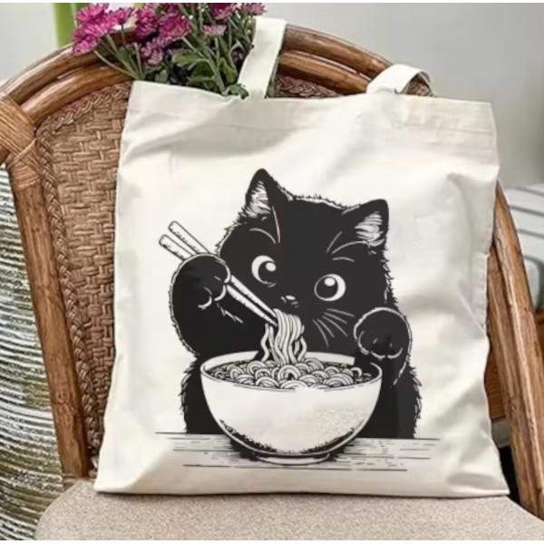 ラーメンを爆食いする黒猫がかわいいトートバッグ キャンバス トート 大きめ 肩掛け おもしろ おしゃ...