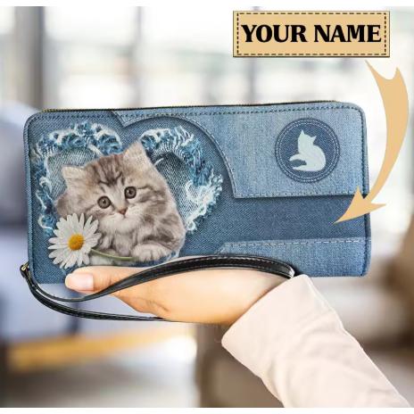 猫 アメショー 財布 長財布 かわいい オリジナル オーダーメイド 名入れ ネーム デニム風 ねこ ...