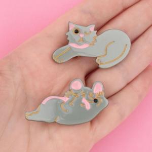 ククシュゼット 正規商品 ヘアアクセ クリップ ピン かわいい Coucou Suzette  ネズミ&猫 ヘア クリップ Mouse & Cat Hair Clips グレー Grey 2個セット｜charger