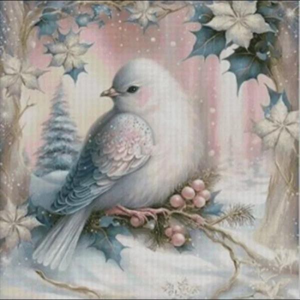 刺繍キット 鳥 雪 ホワイト ヒイラギ クロスステッチ 小鳥