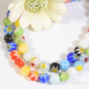 ベネチアン風 ミルフィオリ 丸ラウンド 6mm 1連 (約60個) グラスビーズ 硝子 アクセサリー パーツ 材料 ハンドメイド 花