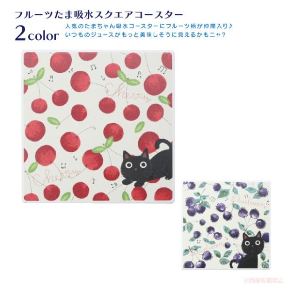 [メール便対応] フルーツたま吸水スクエアコースター(猫グッズ ネコ雑貨 ねこ柄 フルーツ 吸水 白...
