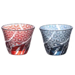切子グラス　冷茶グラス　ペア　おしゃれ　赤　藍　冷茶　100ｃｃ　茶器　湯呑　ガラス　ミニグラス　冷酒　グラス