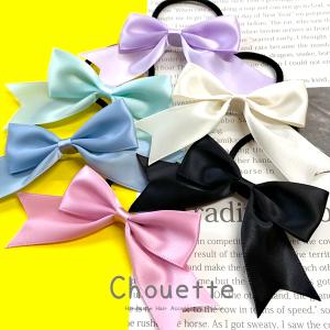 リボン　ヘアゴム♡レースがちらっと可愛い♡ブラック♡大きめ♡ハンドメイド ヘアゴム レース リボン ロング 上品 シンプル おしゃれ