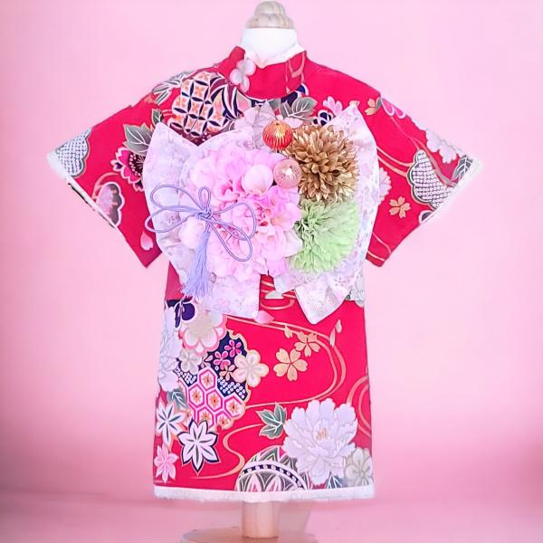 オーダーメイド犬服ペットの着物金彩赤牡丹（帯電防止加工裏地つき）