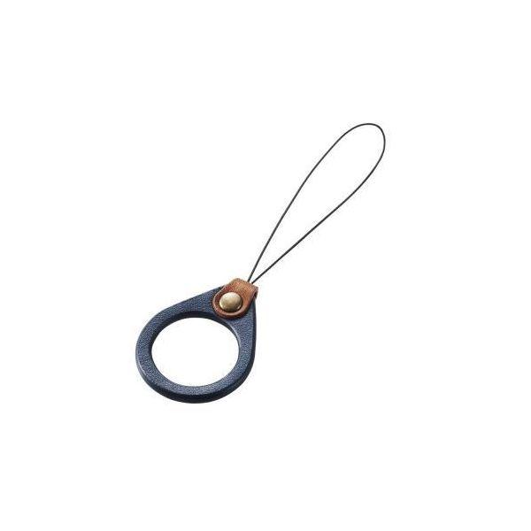 （まとめ）エレコム スマートフォン用フィンガーストラップ（ソフトレザー） ネイビー P-STF03B...