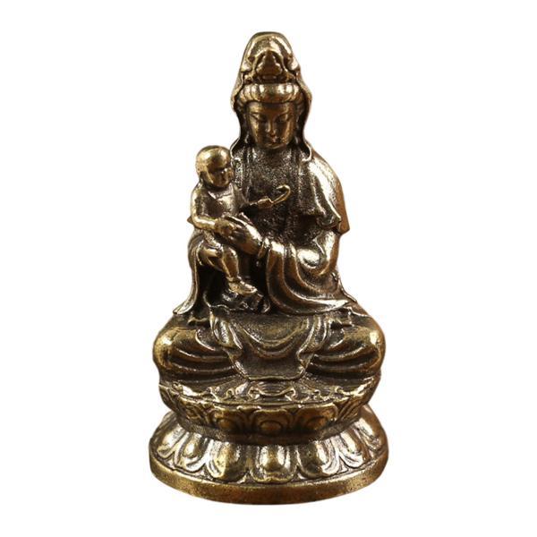 観音菩薩像 慈悲の女神の置物 子供を抱く彫刻 真鍮観音像 仏教 リビングルーム 屋内用