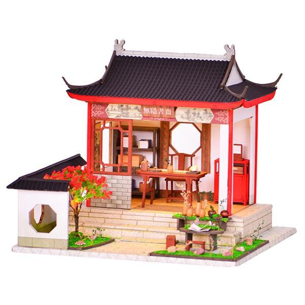 工芸品DIY木製ドールハウスキットLEDライト付きドールハウスリアルな家具手作りの中国風学習室子供自...