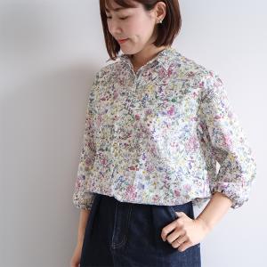 リバティ カフェシャツ　＜ワイルドフラワー＞　やさしい時間　前ボタン　袖ゴム　ゆったり　ブラウス　Lサイズ　日本製