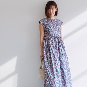 リバティ ワンピース　 ボートネック フレンチスリーブ　＜イーサンズパーティ＞ 風船柄　着やせ　大人ワンピ　リバティプリント　大人服　国産　