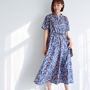 リバティ 半袖ワンピ　スキッパーOP　＜スローガン（幾何学）＞　リゾートワンピ　CLIOシリーズ　楽　ゆったり　着やせ　リバティプリント　国産　