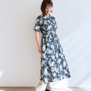 リバティ 半袖ワンピ　スキッパーOP　＜アーカイブライラック＞　リゾートワンピ　CLIOシリーズ　楽　ゆったり　着やせ　リバティプリント　