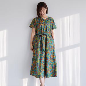 リバティ ワンピース　 Aライン ＜キアラ＞　グリーン系　 夏ワンピ　ゆったり涼しい　楽ワンピ　着やせ　リゾート　リバティプリント使用