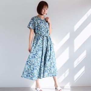 リバティ ワンピース　 Aライン ＜ソープ＞　ブルー系　 夏ワンピ　ゆったり涼しい　楽ワンピ　着やせ　リゾート　リバティプリント使用