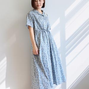 リバティ 半袖ワンピ　オープンカラーOP　＜チャイブ＞　リゾートワンピ　CLIOシリーズ　楽　ゆったり　着やせ　リバティプリント　