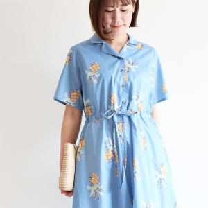 リバティ 半袖ワンピ　オープンカラーOP　＜パイナップルクラッシュ＞　リゾートワンピ　CLIOシリーズ　楽　ゆったり　着やせ　リバティプリント　