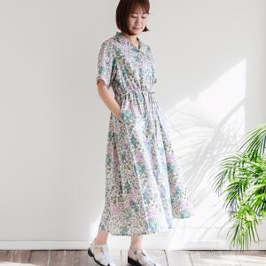 リバティ 半袖ワンピ　オープンカラーOP　＜エドナ＞　リゾートワンピ　CLIOシリーズ　楽　ゆったり　着やせ　リバティプリント　