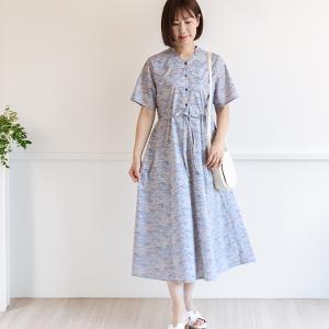 リバティ 半袖ワンピース スタンドカラー　＜ポセイドン＞　リゾートワンピ　CLIOシリーズ　楽　ゆったり　着やせ　リバティプリント　国産　