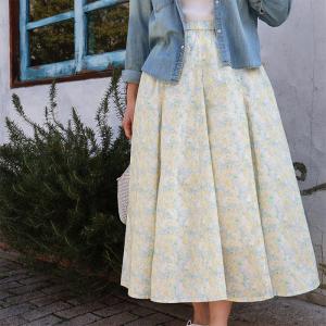 リバティ　スカート（ホリーホックス）イエロー　14ハギスカート　すっきり　ポケット付　美シルエット　タナローン　リバティプリント　日本製