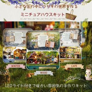 手作り ミニチュアハウスキット ドールハウス 缶ケース DIY おもちゃ ラビット 人形の家 うさぎスタンド付き LED照明付き 初心者向け 女の子 ◇CH-BOXTHEATRE