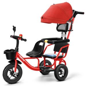 キッズ三輪車4 in 1 二人乗り三輪幼児用自転車取り外し可能なプッシュハンドル/キャノピー/ガード...